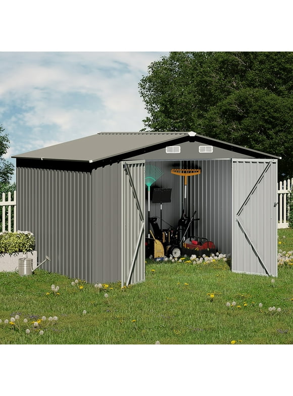 OC Orange-Casual 10' x 8' FT Outdoor Storage Shed, Metal Garden Tool Shed with Lockable Door, Outside Sheds & Storage Galvanized Steel, Grey