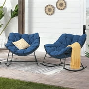 OC Orange-Casual 2-Piece Outdoor Rocking Chair, Indoor Comfy Reading Chairs Set with Oversized Cushion, Patio Rocker Egg Recliner Chair, Navy Blue
