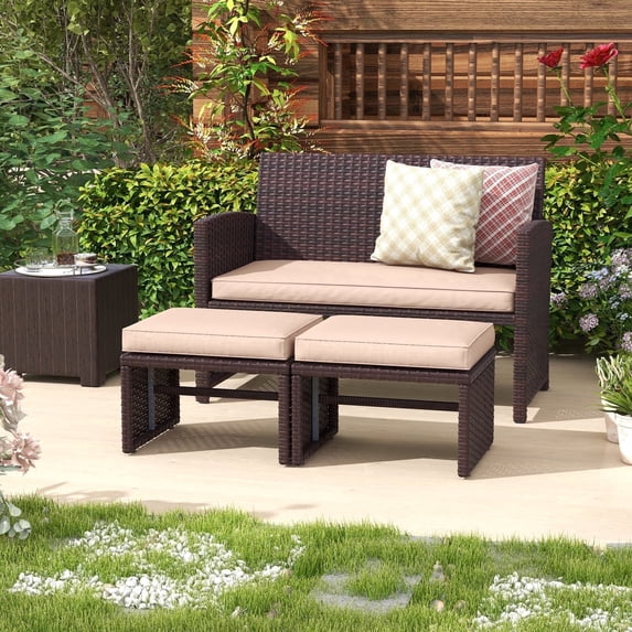 JOIVI 3 Piece Outdoor Loveseat, Patio Furniture Set with Ottoman, Brown Rattan, Beige Cushion