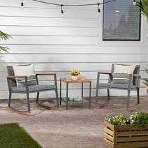 OC Orange-Casual 3 Piece Outdoor Rocking Bistro Set, Patio Wicker Furniture Conversation Set Chairs with Coffee Table and Cushion for Garden, Yard, Porch, Balcony, Grey