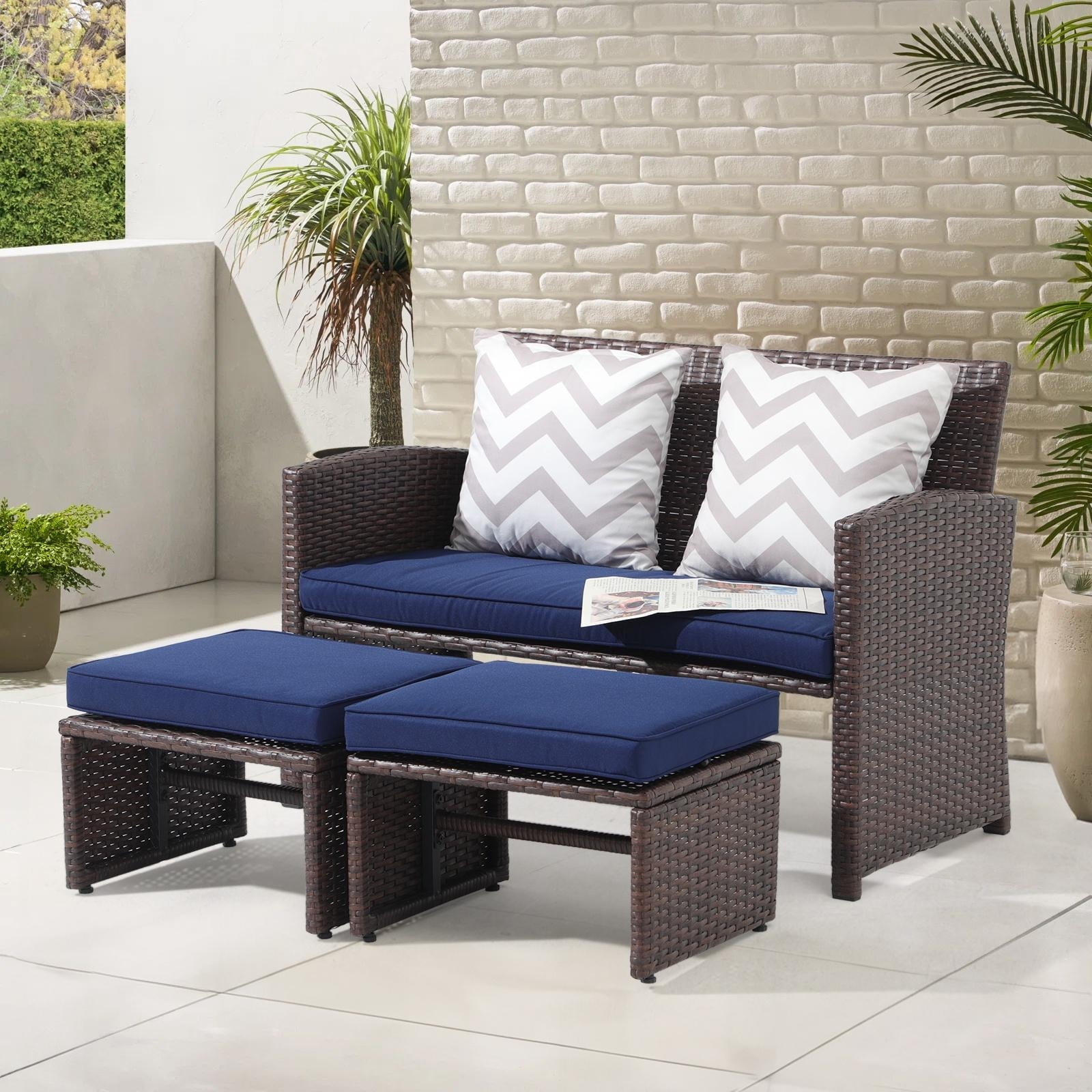 JOIVI 3 Piece Patio Furniture Set, Outdoor Loveseat Patio Furniture RattanSet with Ottoman, Brown Rattan, Navy Blue Cushion