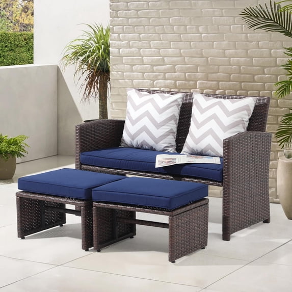 JOIVI 3 Piece Patio Furniture Set, Outdoor Loveseat Patio Furniture RattanSet with Ottoman, Brown Rattan, Navy Blue Cushion