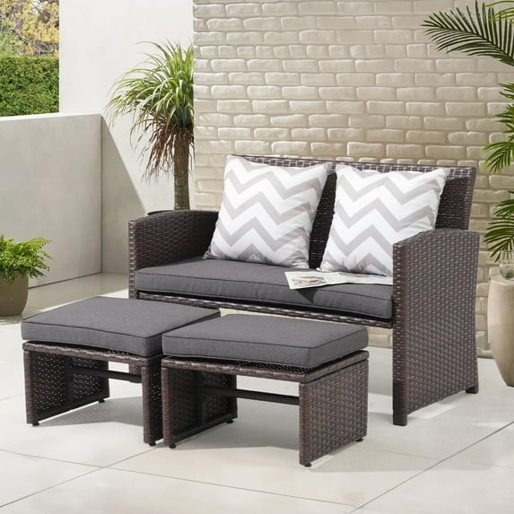 JOIVI 3-Piece Wicker Love Seat and Coffee Table Set, Outdoor Furniture Set with Loveseat and 2 Ottoman, Brown Rattan, Dark Gray Cushion