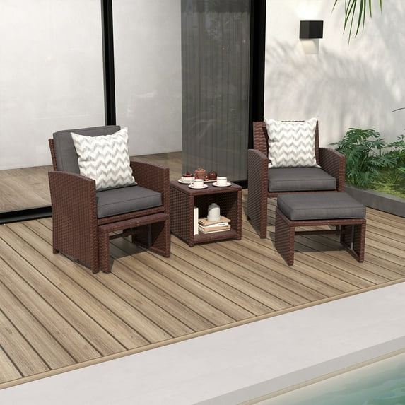 OC Orange-Casual 5-Pcs Patio Conversation Set, Balcony Furniture Set with Cushions, Brown Wicker Chair with Ottoman & Storage Table, Dark Gray