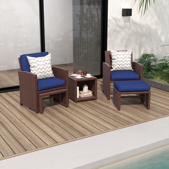 JOIVI 5-Pcs Patio Conversation Set, Balcony Furniture Set with Cushions, Brown Wicker Chair with Ottoman & Storage Table, Navy Blue
