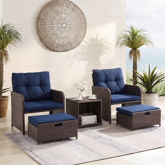 JOIVI 5-Pcs Patio Conversation Set, Balcony Furniture Set with Cushions, Brown Wicker Chair with Ottoman & Storage Table, Navy Blue