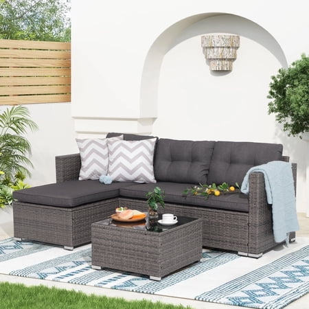 OC Orange-Casual 3-Piece Patio Furniture Set, All-Weather Outdoor Sectional Sofa Set, Wicker Loveseat Lounge Couch with Glass Coffee Table, Dark Gray