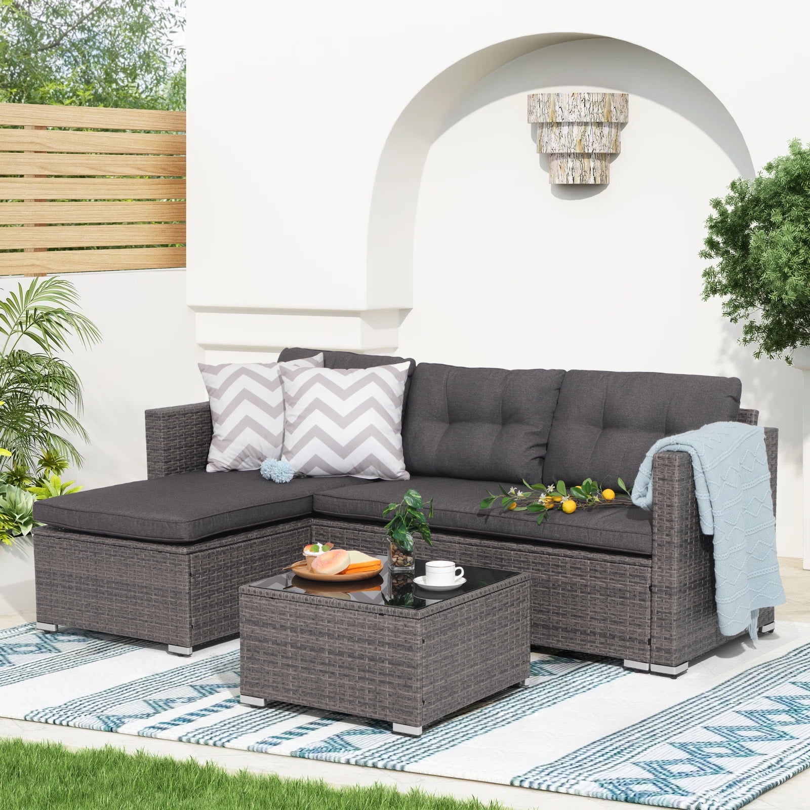 OC Orange-Casual 5-Piece Outdoor Sectional Sofa Set with Glass Coffee Table Grey Rattan & Dark Grey Cushion