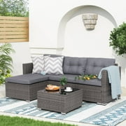 OC Orange-Casual 5-Piece Outdoor Sectional Sofa Set with Glass Coffee Table Grey Rattan & Sliver-Grey Cushion