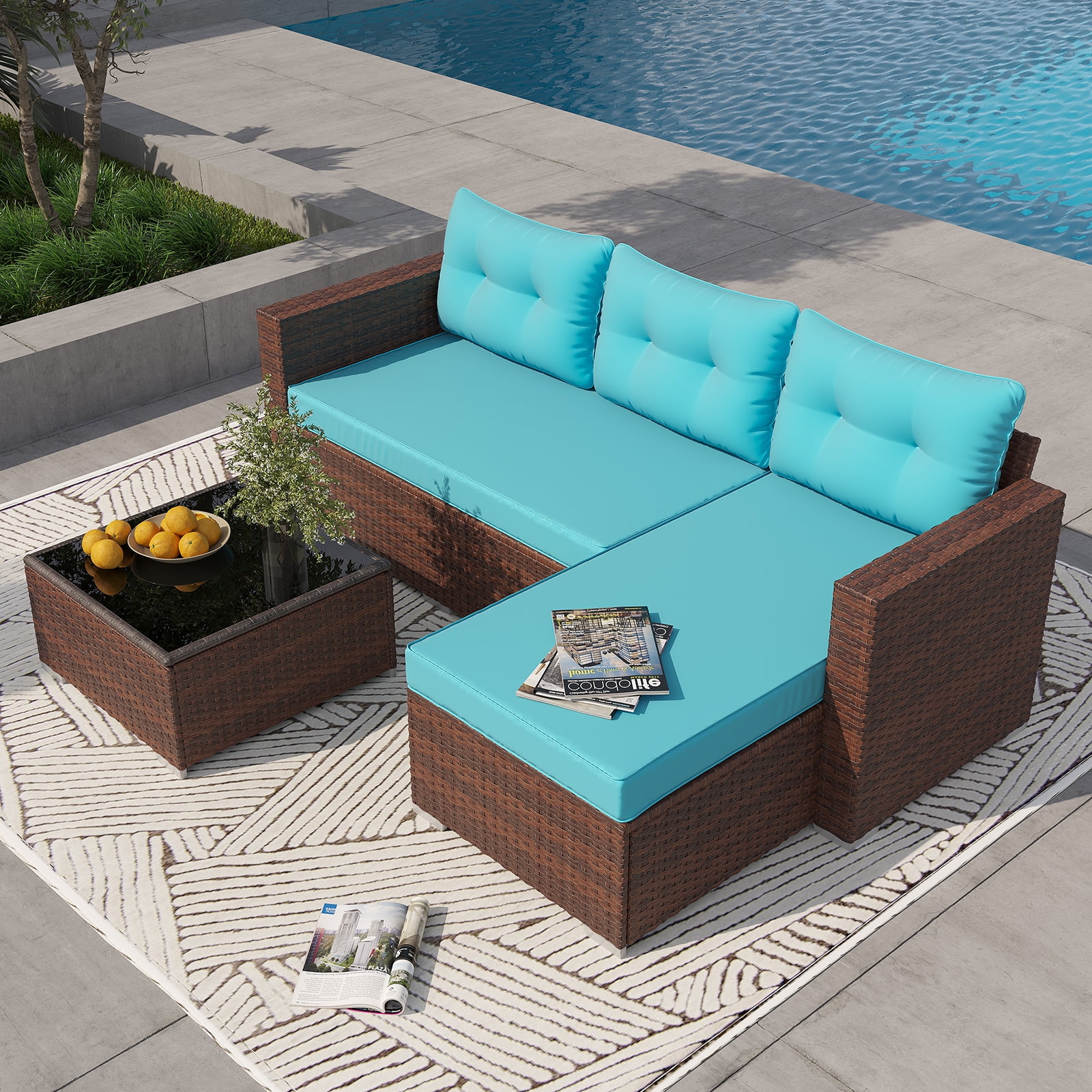 OC Orange Casual 5 Piece Patio Furniture Set All Weather Outdoor Sectional Sofa with Glass Coffee Table for Deck Balcony Porch Brown Rattan