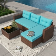 OC Orange-Casual 5-Piece Patio Furniture Set, All-Weather Outdoor Sectional Sofa, with Glass Coffee Table for Deck Balcony Porch, Brown Rattan & Turquoise Cushion