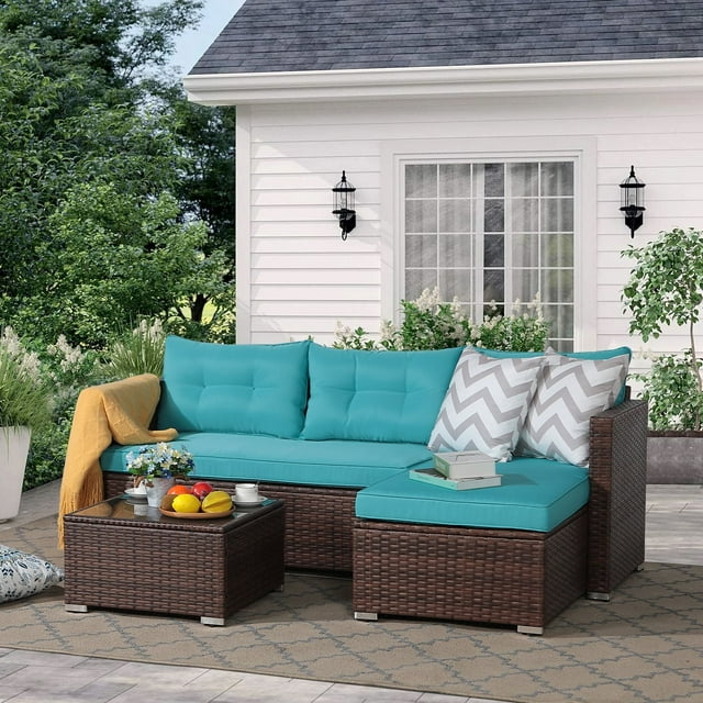 OC Orange-Casual 5-Piece Patio Furniture Set, All-Weather Outdoor Sectional Sofa, with Glass Coffee Table for Deck Balcony Porch, Brown Rattan & Turquoise Cushion