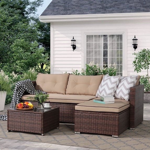 OC Orange-Casual 3-Piece Patio Furniture Set, All-Weather Outdoor Sectional Sofa Set, Wicker Loveseat Lounge Couch with Glass Coffee Table, Beige