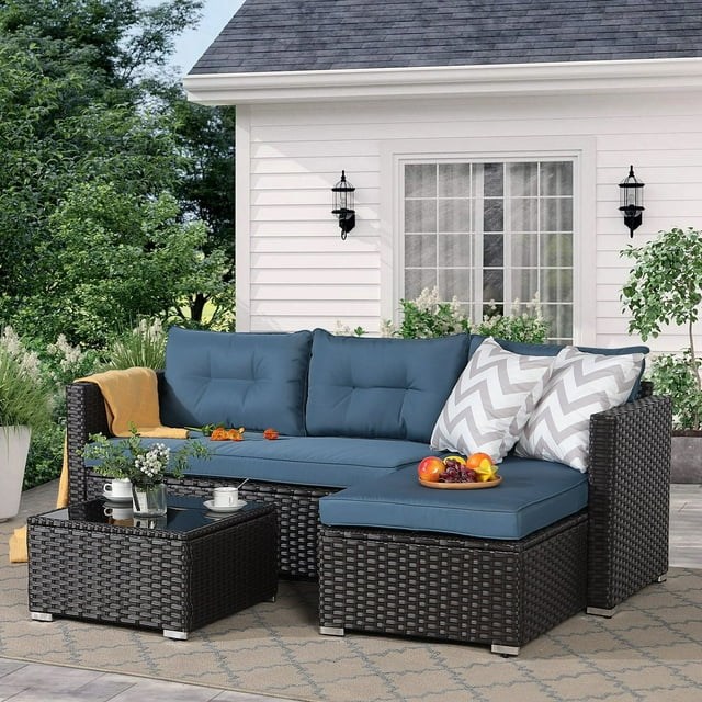 OC Orange-Casual 5-Piece Patio Furniture Set, Outdoor Sectional Sofa, Coffee Table, Dark Brown Rattan & Aegean Blue Cushion
