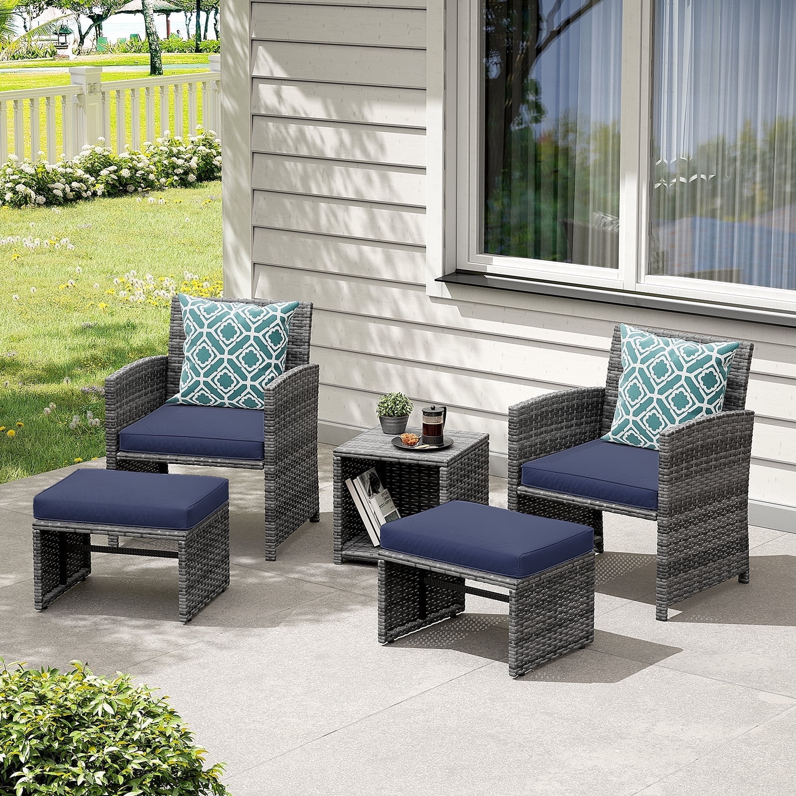 JOIVI 5 Piece Patio Furniture Set, Wicker Outdoor Conversation Chair and Ottoman Set with Coffee Table, Pillows Included, Navy Blue
