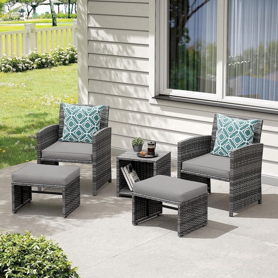 JOIVI 5 Piece Patio Furniture Set, Wicker Outdoor Patio Set with Ottoman and Small Coffee Table, Pillows Included, Light Gray