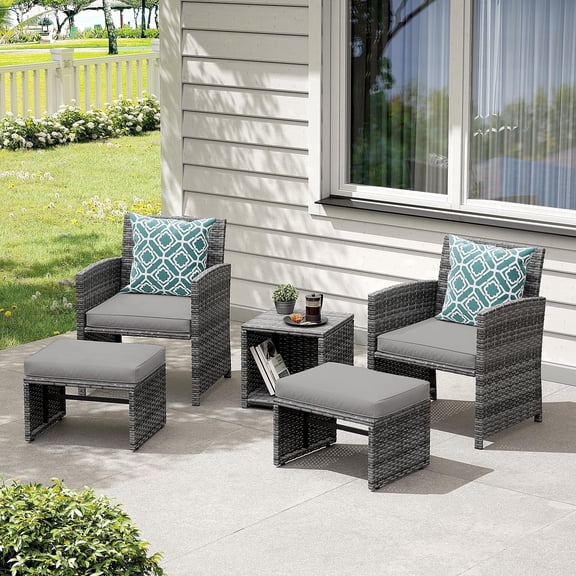JOIVI 5 Piece Patio Furniture Set, Wicker Outdoor Patio Set with Ottoman and Small Coffee Table, Pillows Included, Light Gray