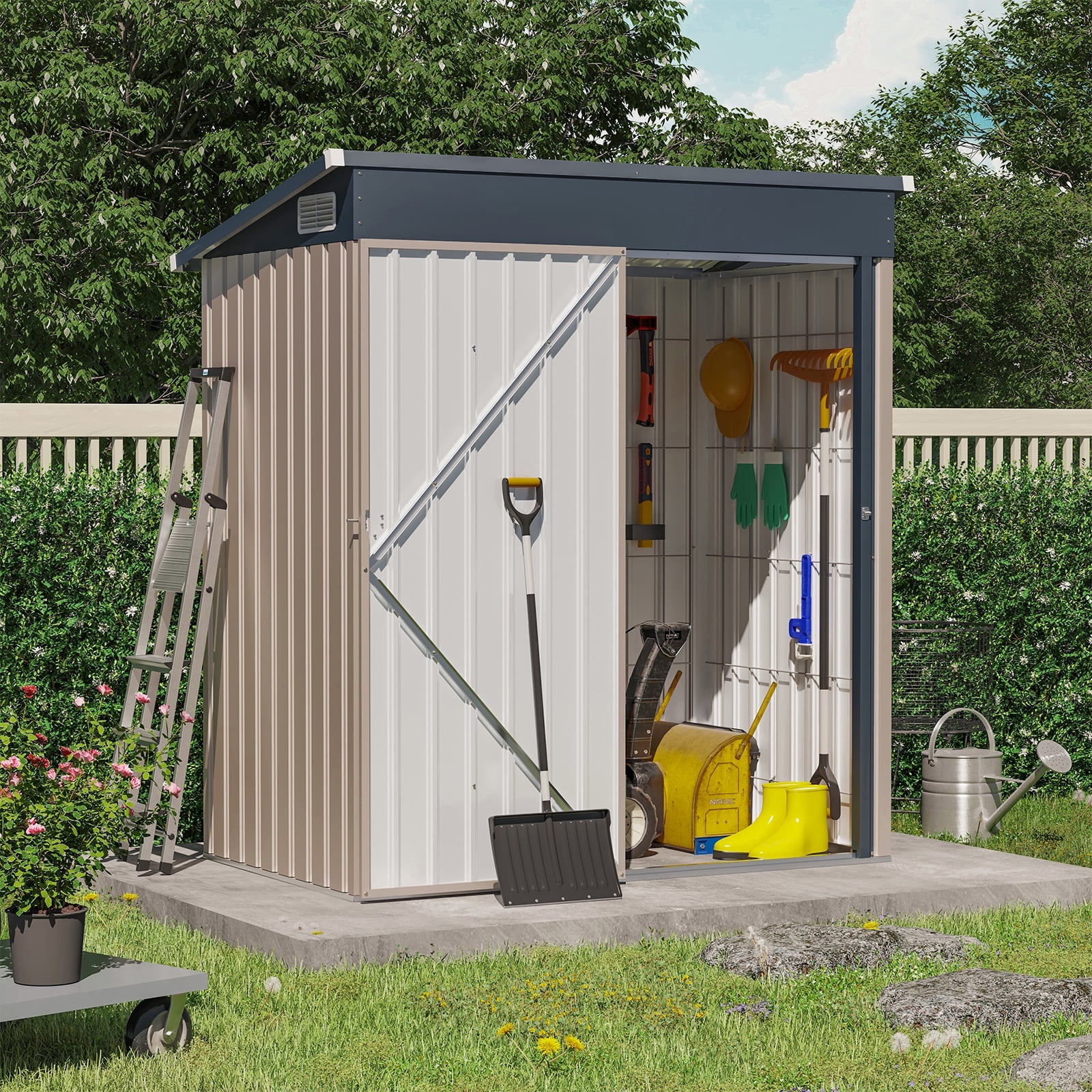 OC Orange-Casual 5' x 3' FT Outdoor Storage Shed, Metal Garden Tool Shed with Lockable Door, Outside Sheds & Storage Galvanized Steel, Brown