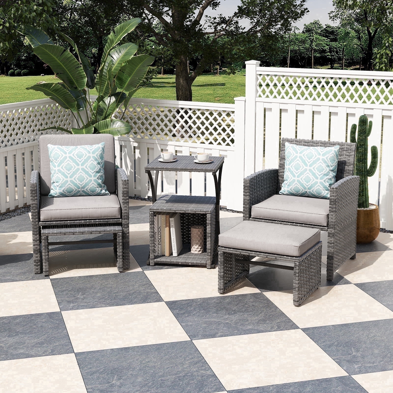 JOIVI 6 Piece Patio Furniture Conversation Set, with Ottoman, Outdoor Grey Wicker Chair and Table Set, Light Grey
