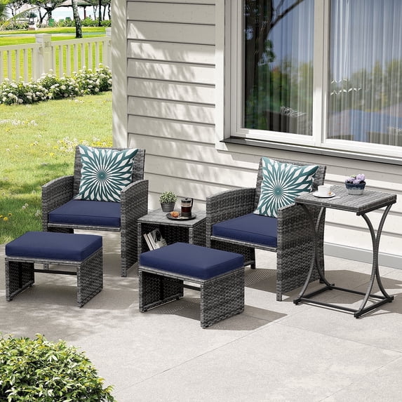 JOIVI 6 Piece Patio Furniture Conversation Set, with Ottoman, Outdoor Grey Wicker Chair and Table Set, Navy Blue