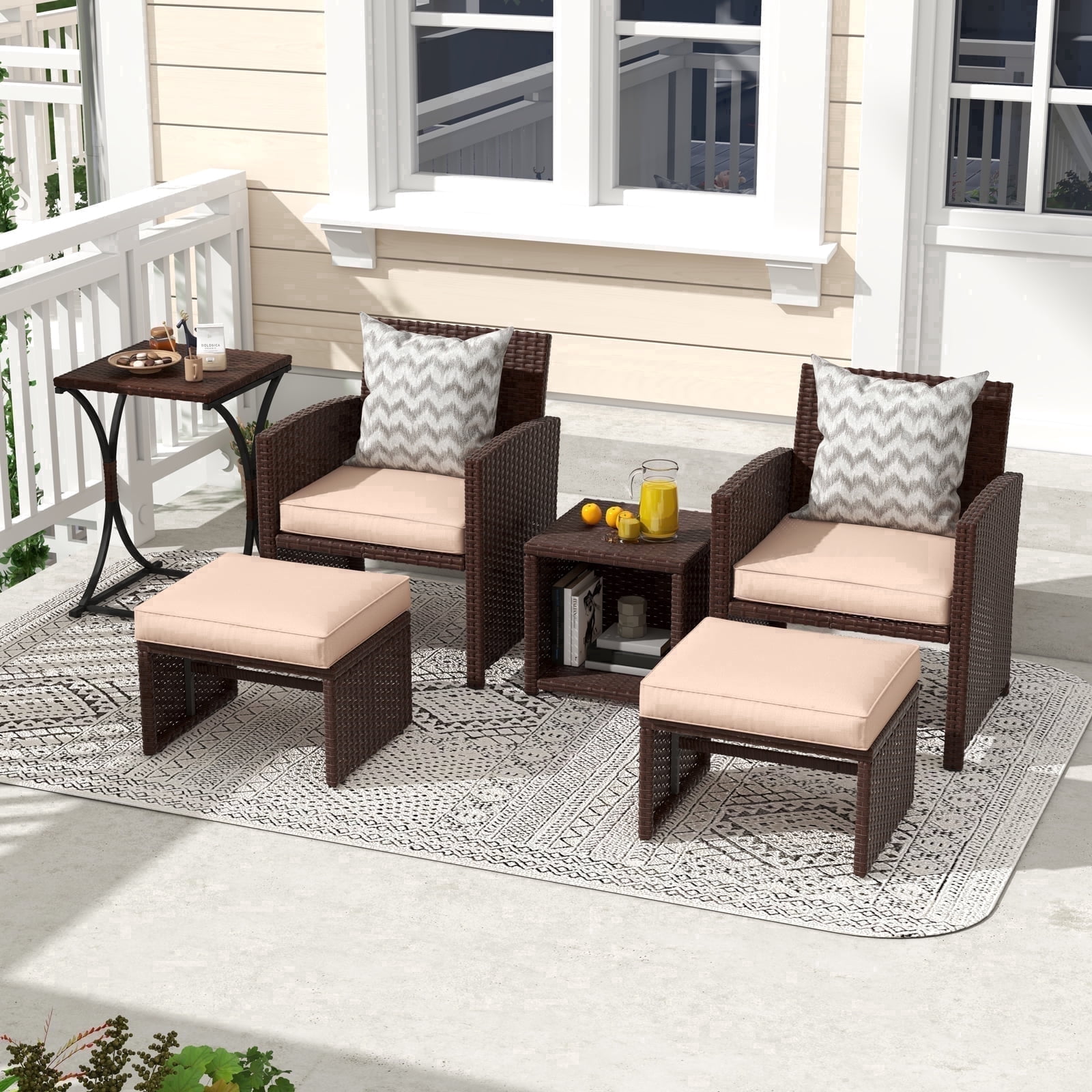 JOIVI 6 Piece Patio Wicker Furniture Set, Rattan Outdoor Chairs, with Beige Cushioned Ottoman, Resin Nesting Table, Modern Design, Beige & Brown