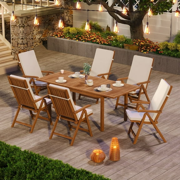 7 Piece Patio Dining Set, Outdoor Acacia Wood Furniture Set, Extendable Rectangular Table and 6 Foldable Reclining chairs /Removeable Cushion, FSC Certified, for Deck Garden Backyard