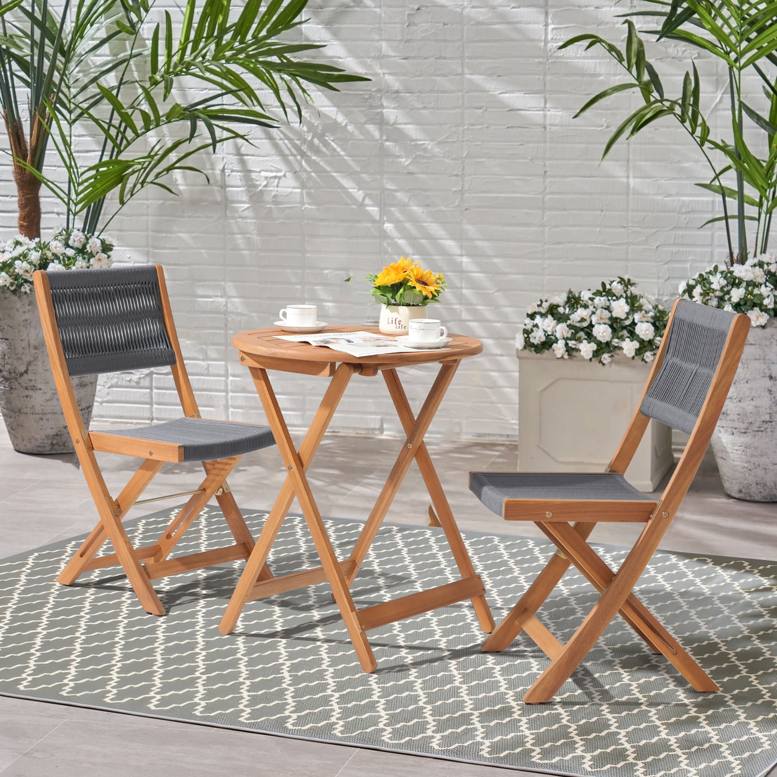 OC Orange Casual Acacia Patio Bistro Set Outdoor Compact Wood Coffee Table and Chairs 3 Piece Beige
