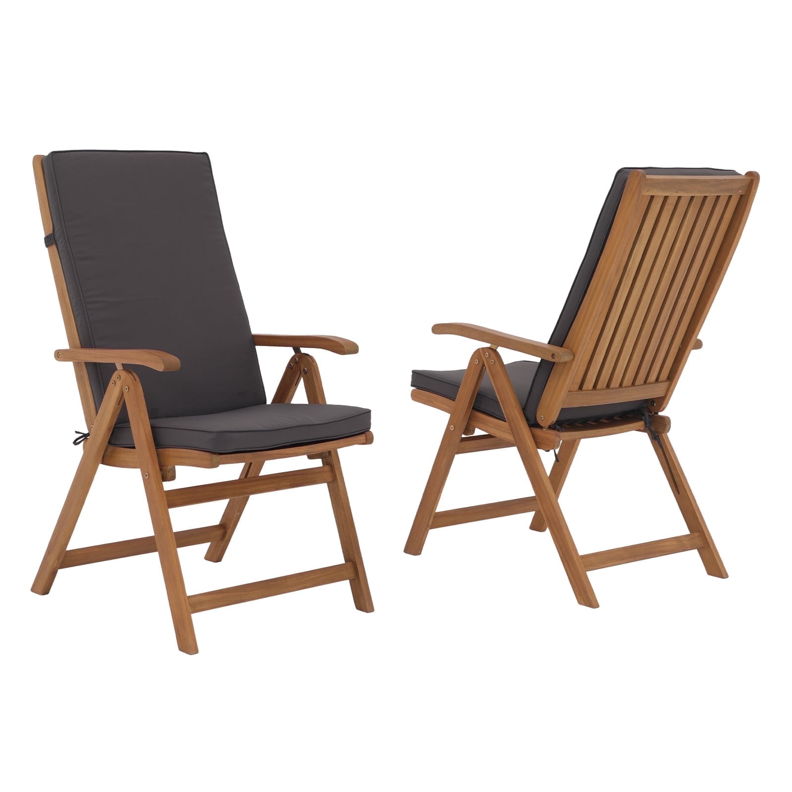 JOIVI Folding Patio Dining Chair Set of 2, Outdoor Acacia Wooden Reclining Chair w/Armrest & Removeable Cushion, FSC Certified Wood No Assembly, Gray Cushion