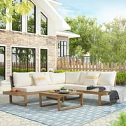 OC Orange-Casual Outdoor 4-Piece Acacia Wood Furniture Set, All-Weather Patio Sectional Sofa Set, Rope Lounge Couch with Wood Table, Cream White Cushion