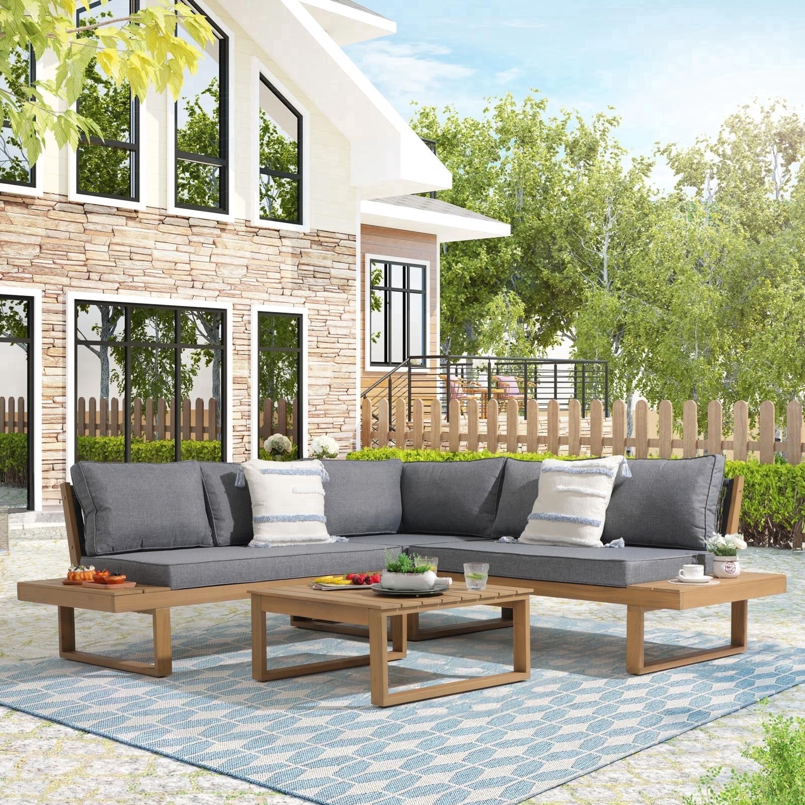 JOIVI Outdoor 4-Piece Acacia Wood Furniture Set, All-Weather Patio Sectional Sofa Set, Rope Lounge Couch with Wood Table, Gray Cushion