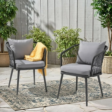 OC Orange-Casual Outdoor Dining Chair, All-Weather Wicker patio Dining Chair, Rattan Armchair Seating with Cushion, Set of 2, Black Wicker