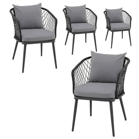 OC Orange-Casual Outdoor Dining Chair, All-Weather Wicker patio Dining Chair, Rattan Armchair Seating with Cushion, Set of 4, Black Wicker