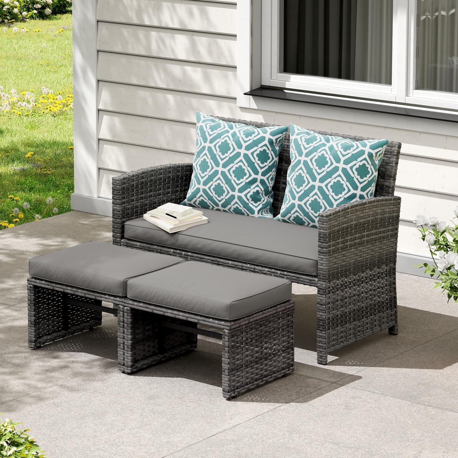 JOIVI Outdoor Loveseat Patio Furniture Rattan Conversation Set, with Ottoman, Pillows Included, Grey Wicker, Light Gray Cushions