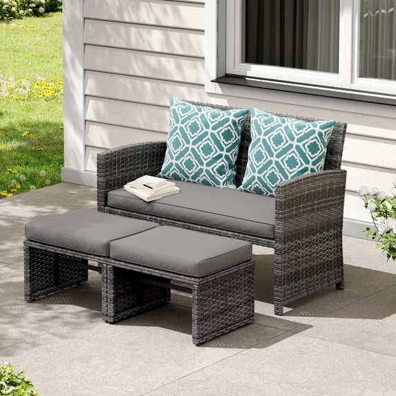 JOIVI Outdoor Loveseat Patio Furniture Rattan Conversation Set, with Ottoman, Pillows Included, Grey Wicker, Light Gray Cushions