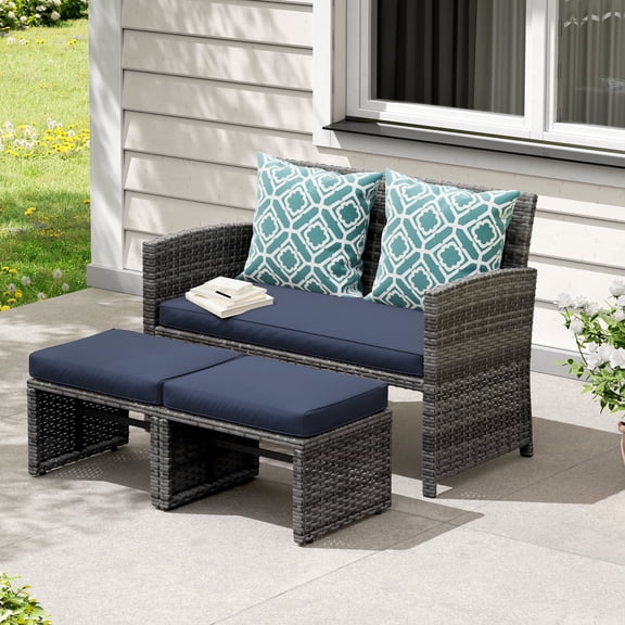 JOIVI Outdoor Loveseat Patio Furniture Rattan Conversation Set, with Ottoman, Pillows Included, Grey Wicker, Navy Blue Cushions