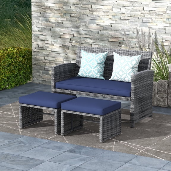 OC Orange-Casual Outdoor Loveseat Patio Furniture Rattan Conversation Set, with Ottoman, Pillows Included, Grey Wicker, Navy Blue Cushions