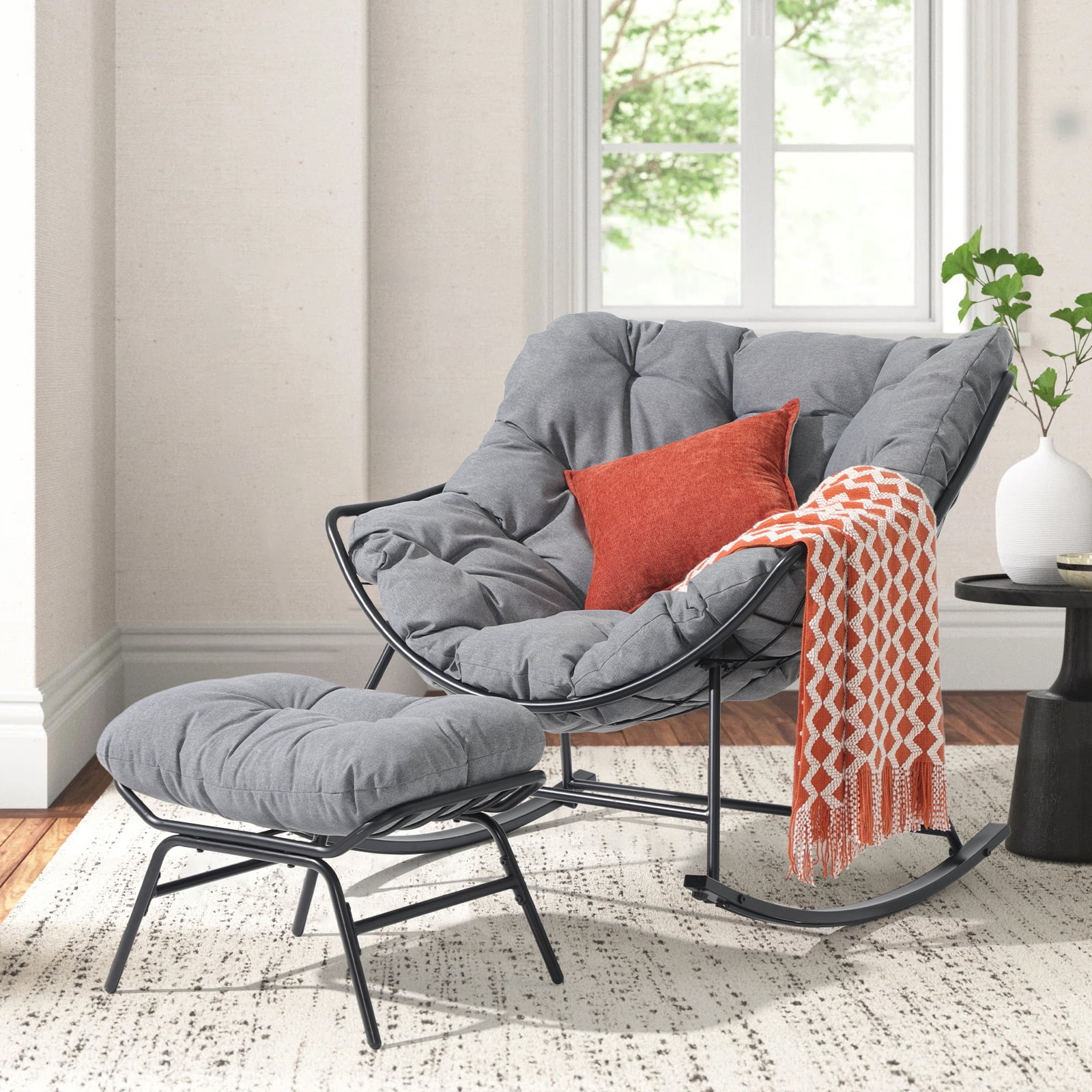 OC Orange Casual Outdoor Rocking Chair with Ottoman Patio Rocker Egg Recliner Chairs Indoor Comfy Reading Chairs Set with Oversized Cushion Grey
