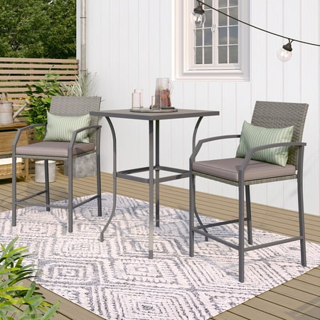 OC Orange-Casual Patio Bar Set, All-Weather Wicker, 2 Height Rattan Bar Stools with Wood Grain Top Coffee Table, for Porch, Garden, Bistro, Grey Cushion, 3-Piece