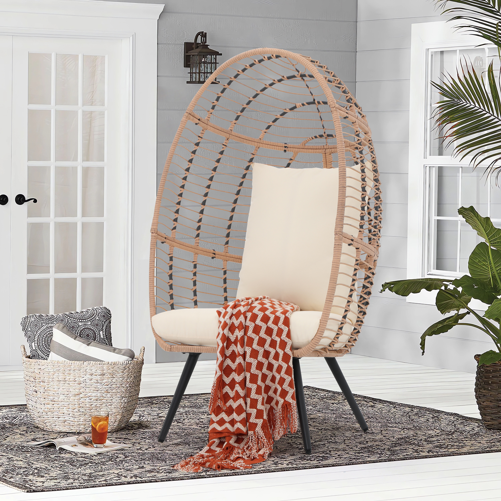 Maurice Outdoor Wicker Standing Basket Chair with Cushion, White, Green