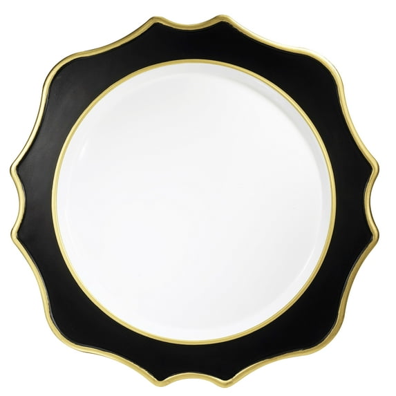" OCCASIONS " 10 Pieces 13'' Round Acrylic Plastic Wedding Chargers, Dinner Party Decoration Charger Plates (Scalloped Black & Gold)