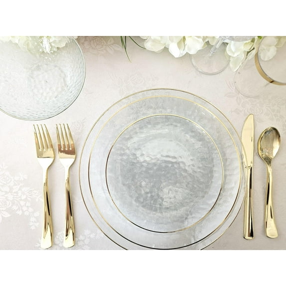 " OCCASIONS " 100 Plates Pack (50 Guests) Premium Wedding Party Disposable Plastic Plates Set -50 x 10'' Dinner + 50 x 7'' Salad /dessert plates (Coastal Clear & Gold)