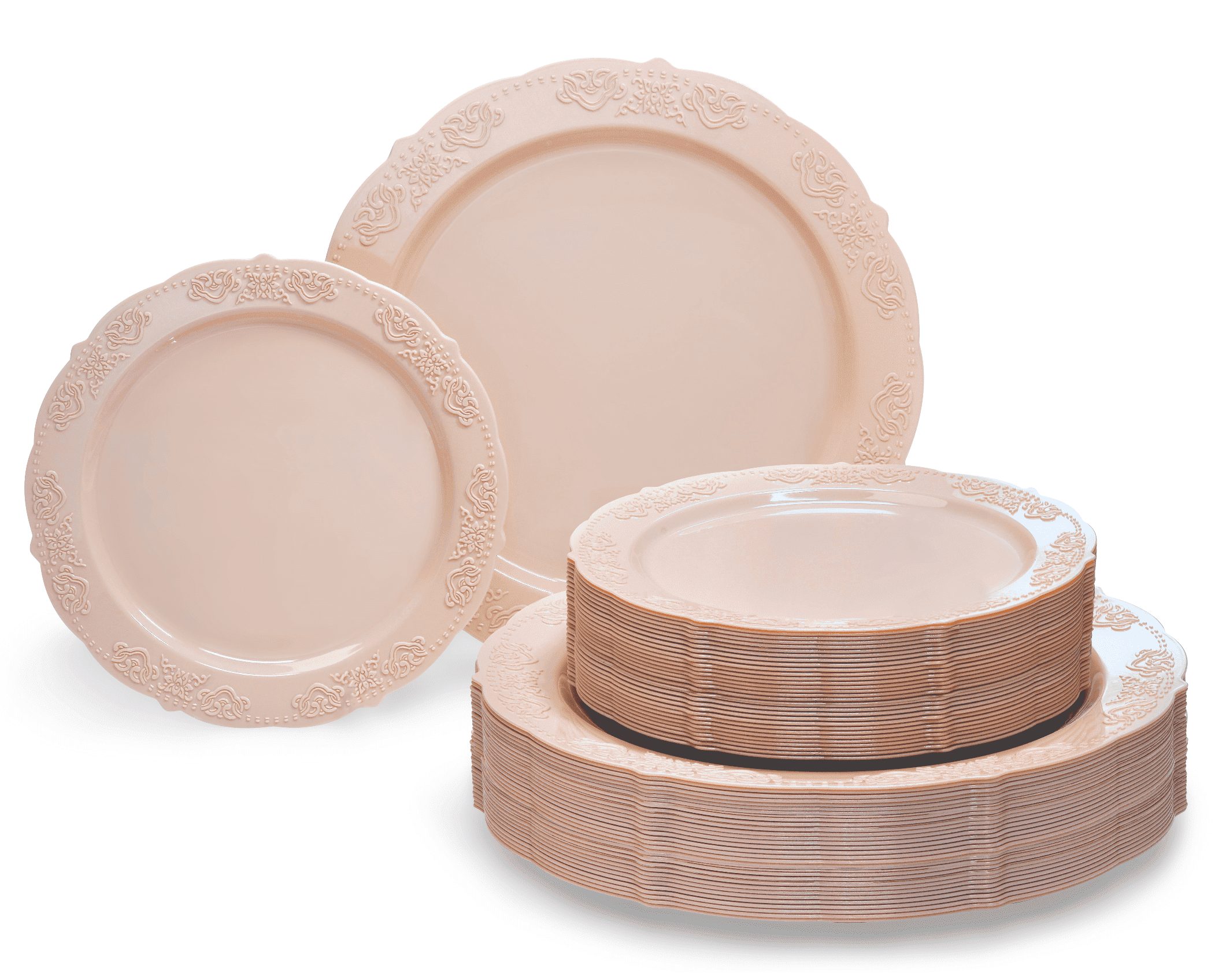 " OCCASIONS " 100 Plates Pack,(50 Guests) Vintage Wedding Party Disposable Plastic Plates Set -50x10.25'' Dinner + 50x7.5'' Salad/Dessert Plate (Portofino Blush / Antique Rose)