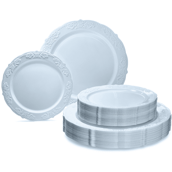 " OCCASIONS " 100 Plates Pack,(50 Guests) Vintage Wedding Party Disposable Plastic Plates Set -50x10.25'' Dinner + 50x7.5'' Salad/Dessert Plate (Portofino Plain Blue)
