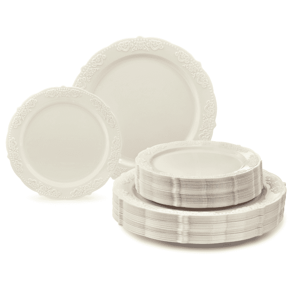 " OCCASIONS " 100 Plates Pack,(50 Guests) Vintage Wedding Party Disposable Plastic Plates Set -50x10.25'' Dinner + 50x7.5'' Salad/Dessert Plate (Portofino Plain Ivory)