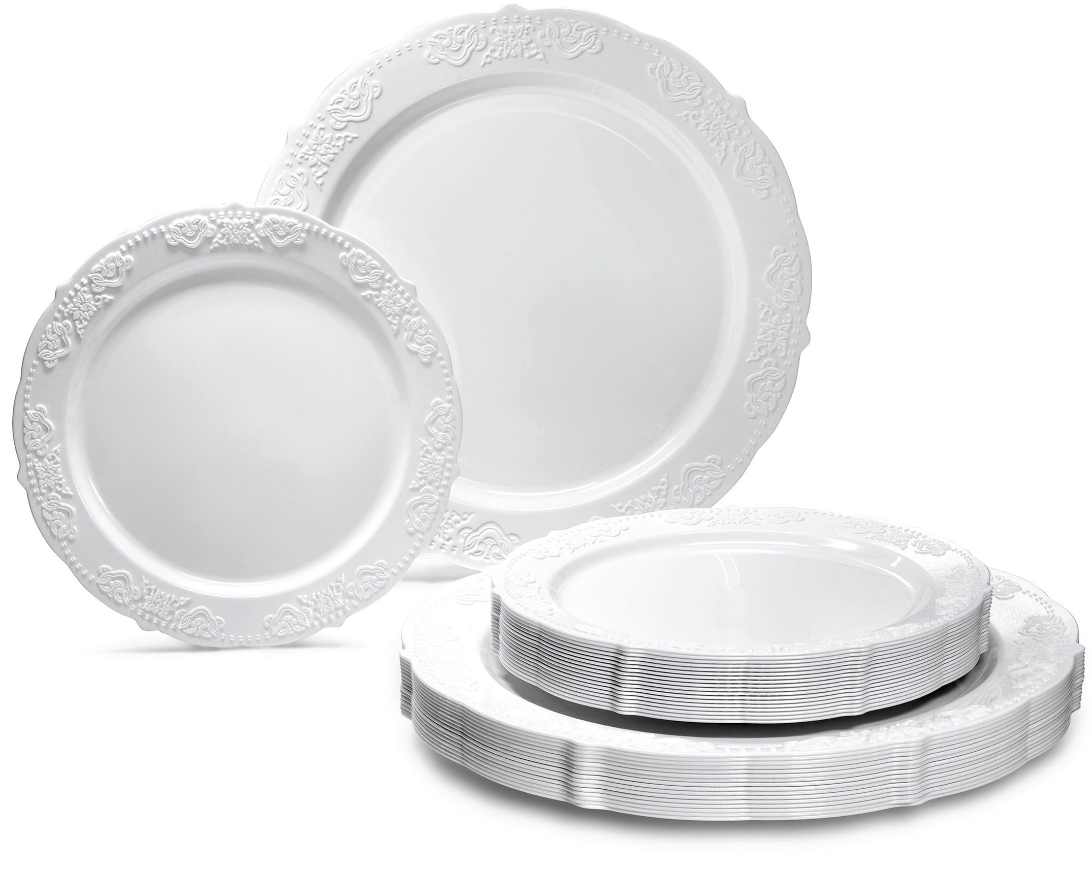 " OCCASIONS " 100 Plates Pack,(50 Guests) Vintage Wedding Party Disposable Plastic Plates Set -50x10.25'' Dinner + 50x7.5'' Salad/Dessert Plate (Portofino Plain White)