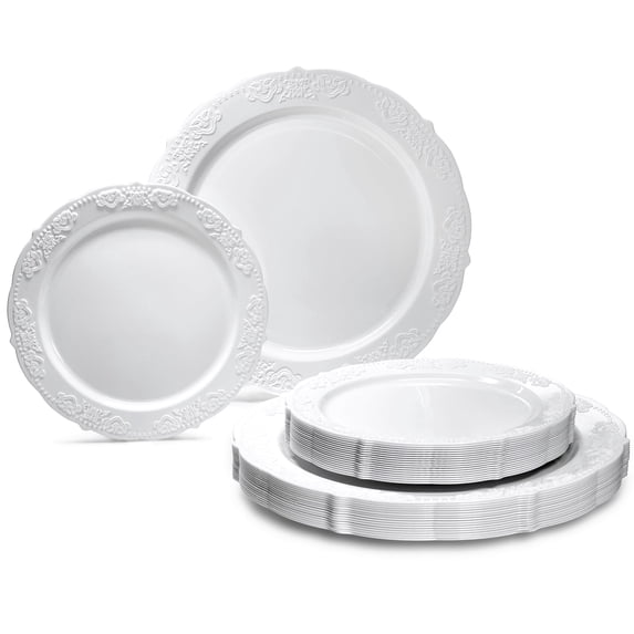" OCCASIONS " 100 Plates Pack,(50 Guests) Vintage Wedding Party Disposable Plastic Plates Set -50x10.25'' Dinner + 50x7.5'' Salad/Dessert Plate (Portofino Plain White)