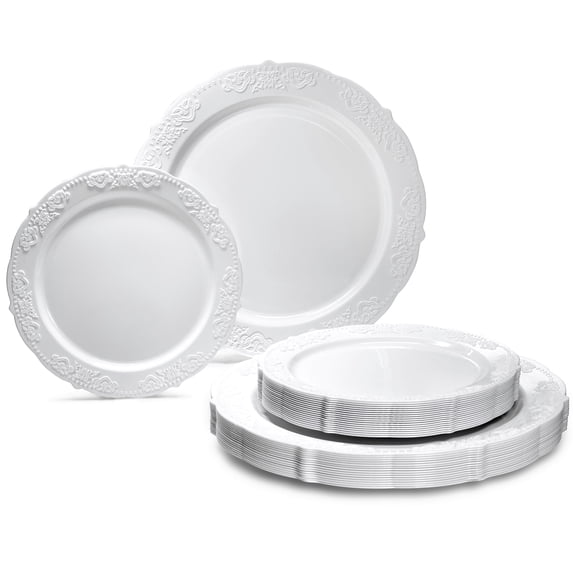 " OCCASIONS " 100 Plates Pack,(50 Guests) Vintage Wedding Party Disposable Plastic Plates Set -50x10.25'' Dinner + 50x7.5'' Salad/Dessert Plate (Portofino Plain White)