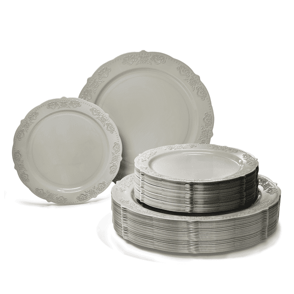 " OCCASIONS " 100 Plates Pack,(50 Guests) Vintage Wedding Party Disposable Plastic Plates Set -50x10.25'' Dinner + 50x7.5'' Salad/Dessert Plate (Portofino Warm Gray)