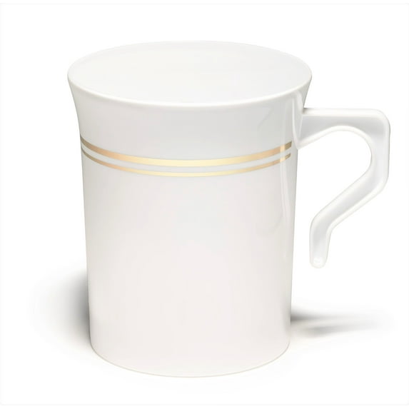 " OCCASIONS" 120 Mugs Pack, Heavyweight Disposable Wedding Party Plastic 8 oz Coffee Mugs /Tea Cup/Cappuccino Cups/Espresso Cup with Handles (8 oz Mugs, White & Gold Rim)