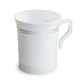 thumbnail image 1 of " OCCASIONS" 120 Mugs Pack, Heavyweight Disposable Wedding Party Plastic 8 oz Coffee Mugs /Tea Cups/Cappuccino Cups/Espresso Cup with Handles (8 oz Mugs, White & Silver Rim), 1 of 8